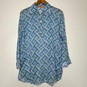 Oliphant Maze Print Button Up Tunic Shirt Size M Blue White
